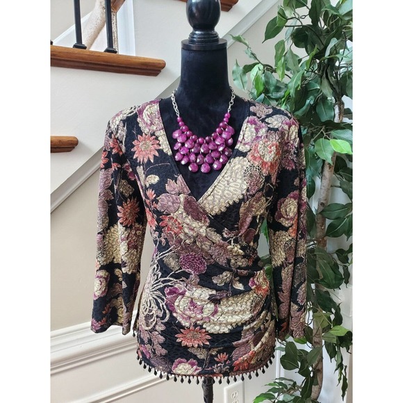 MSK Womens Black Floral Polyester Long Sleeve V Neck Casual Top Blouse Size L - Picture 11 of 11